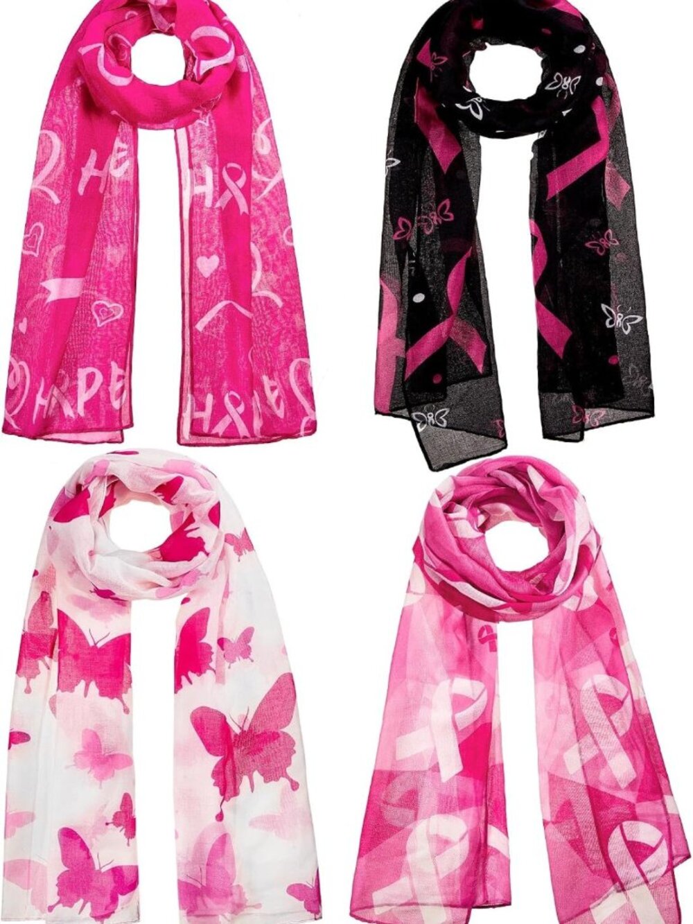4 Pcs Lightweight Pink Ribbon Scarf Set for Breast Cancer Awareness & Support